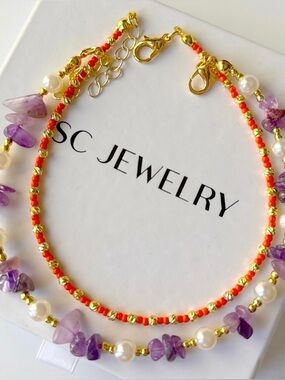 Purple and Gold Beaded Miyuki Beads Anklet 2 Pc Set